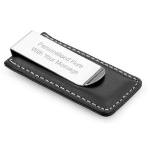 Engraved Leather and Chrome Money Clip